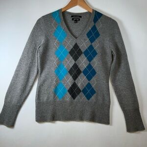 Apt. 9 V-Neck Sweater in Gray and Blue Argyle 100% Cashmere